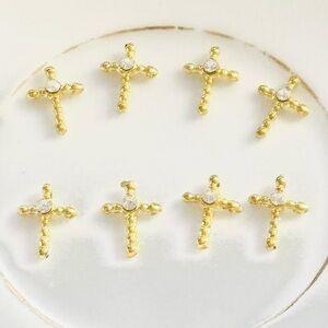Gold Cross Nail Charms with CZ center look 8 pieces